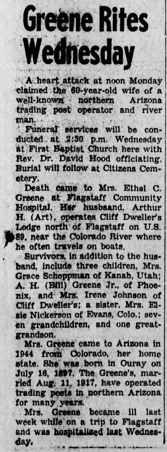 Ethel Greene Obituary in Arizona Daily Sun Oct. 8, 1957